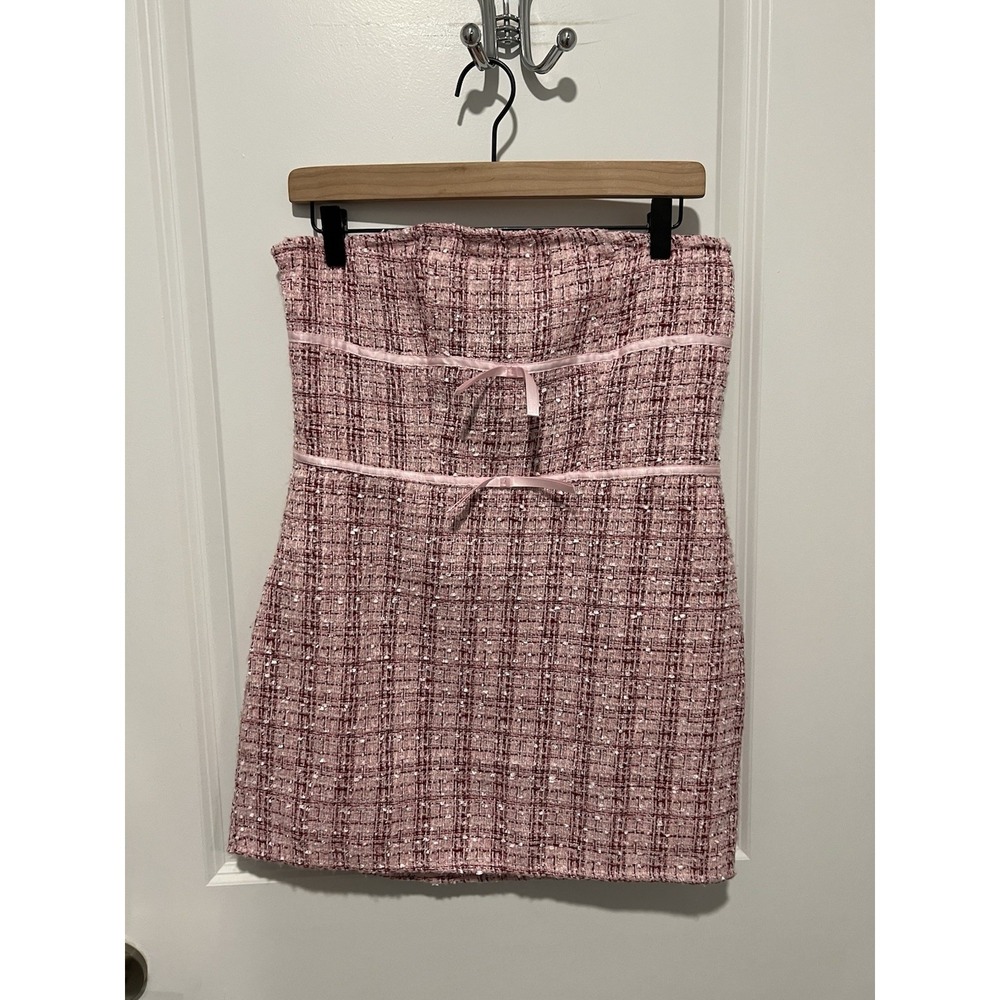 Pretty Little Thing Tweed Pink Mini Bandeau Bows Dress US 8 EUR 40 UK 12 NWT
